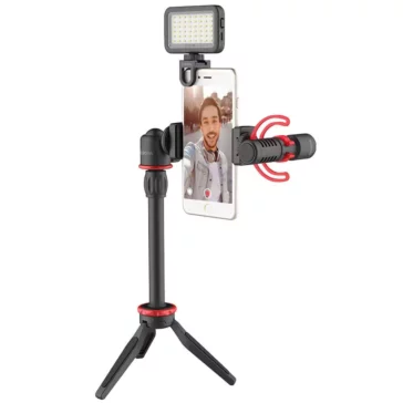 Boya BY-VG350 Smartphone Video Rig with MM1+ Microphone, LED light, Mini Tripod, Extension Tube and Video Microphone Compatible with iPhone and Android