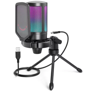 FIFINE A6V (Black) Gaming USB Microphone for PC PS5, Condenser Mic with Quick Mute, RGB Indicator, Tripod Stand, Pop Filter, Shock Mount, Gain Control