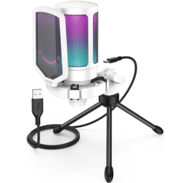 FIFINE A6V (White) Gaming USB Microphone for PC PS5, Condenser Mic with Quick Mute, RGB Indicator, Tripod Stand, Pop Filter, Shock Mount, Gain Control