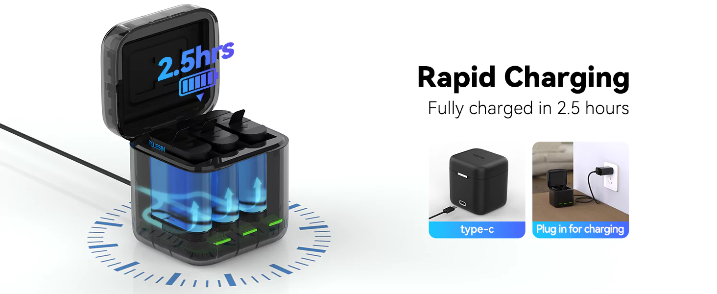 Caricabatterie Per GoPro Hero 13 Black TELESIN - Triplo Slot, Custodia, USB Type-C, Compatibile